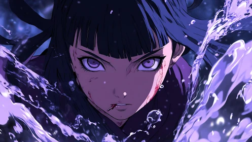 Fierce anime heroine rises through swirling violet water with will