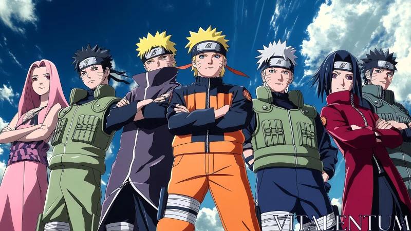 Anime team lineup under dynamic low-angle sky perspective.