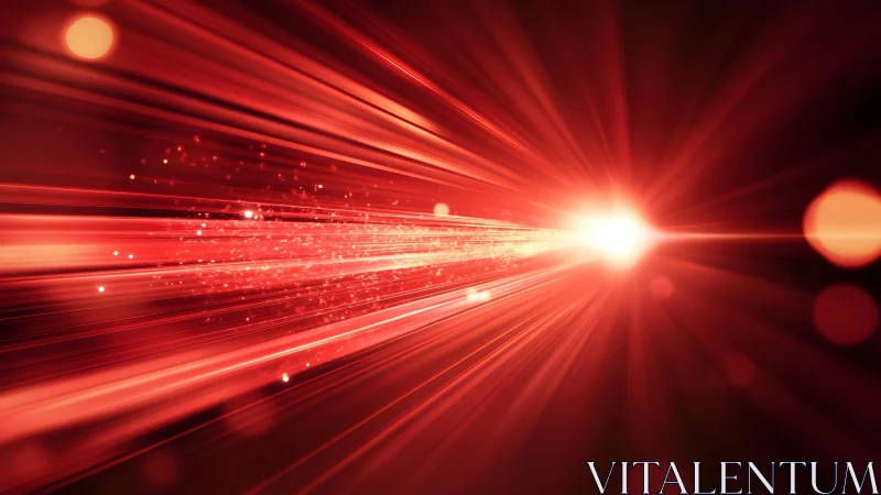 Bright red laser beam with glowing particles, digital abstract style.