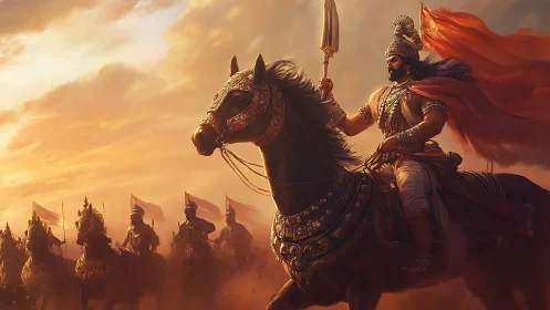 Armored cavalry leader on black horse at sunset battlefield.