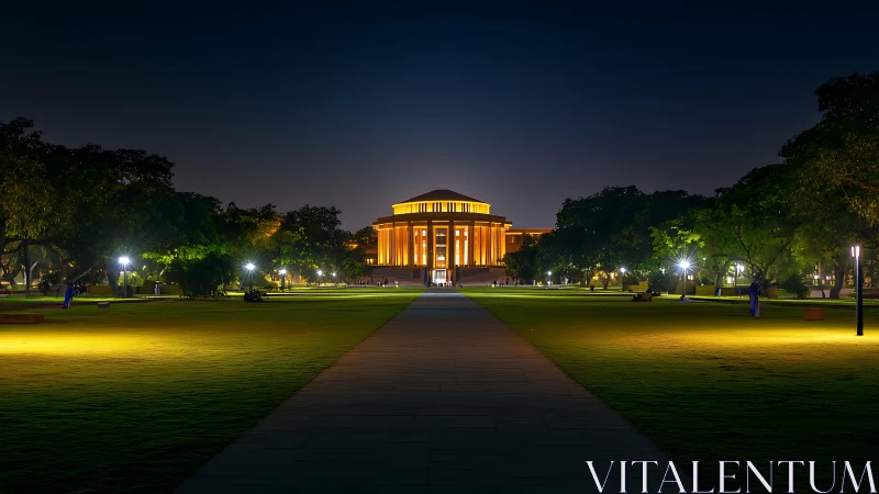 Symmetric nocturnal capture of illuminated neoclassical rotunda.