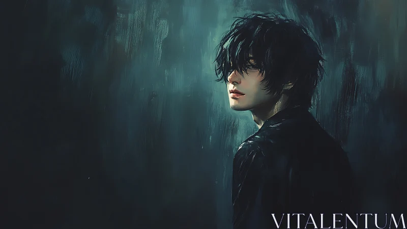 Melancholic youth in rain-soaked teal nocturne portrait.