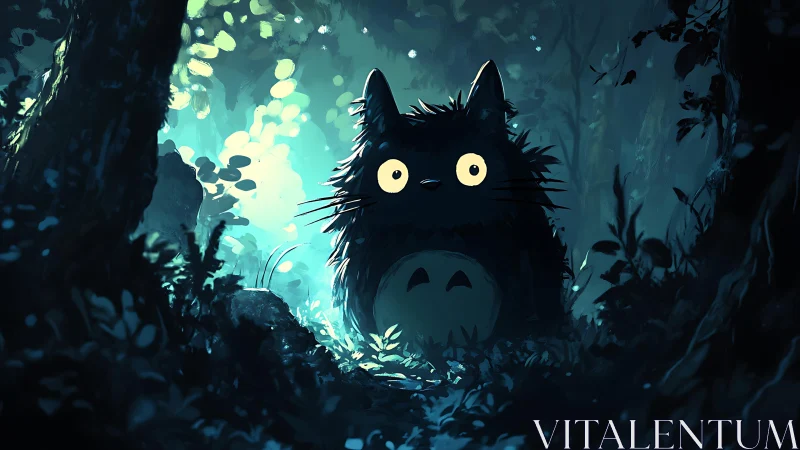 Forest spirit watches glowing path through moonlit trees.