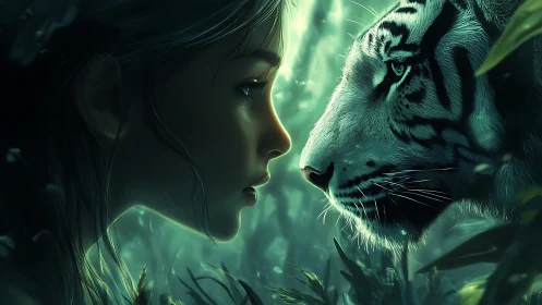 Girl and white tiger lock gazes in luminous jungle chiaroscuro