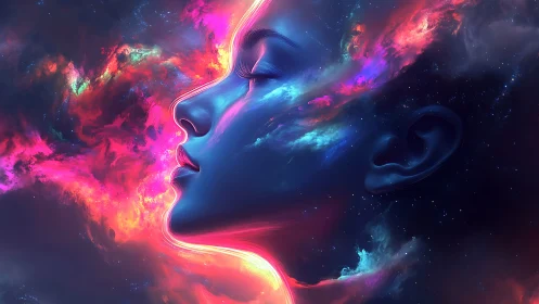 Neon cosmic profile merges human face with glowing nebula.