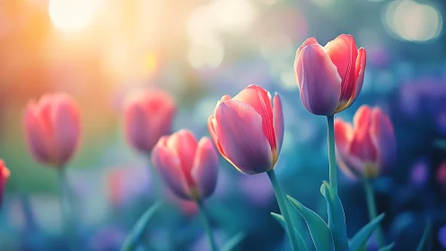 Vibrant Tulips Bathed in Golden Sunrise Light.
