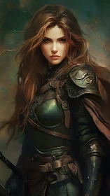 Warrior huntress in green armor under moody light.