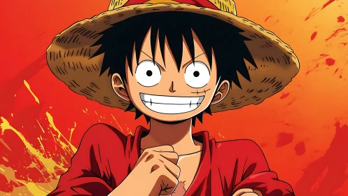 Straw-hat anime hero framed against dynamic orange backdrop