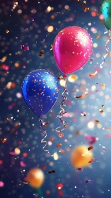 Festive Balloons Dancing Through Confetti Magic.