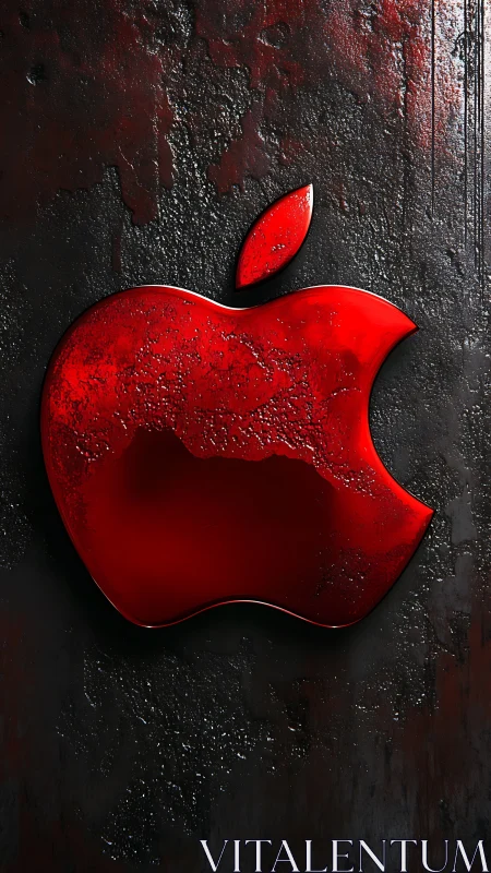 Bold red apple emblem glowing on a dark textured wall.
