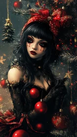 Gothic holiday portrait of dark-haired woman with red ornaments