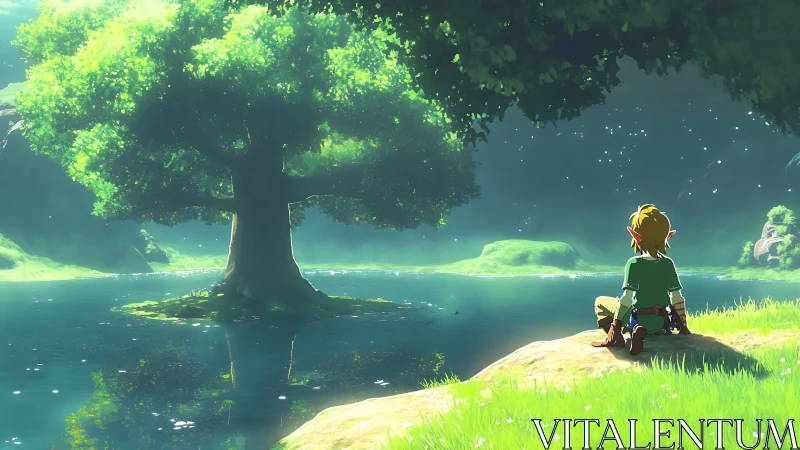 Figure observes large tree on central islet across calm water