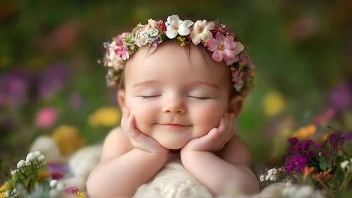 Serene Infant with Floral Crown Resting in Garden Setting.