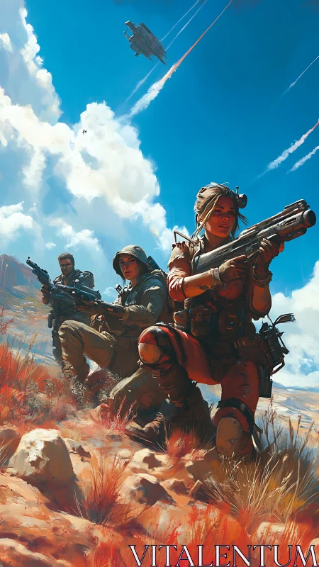 Armed squad advances through arid terrain under spacecraft