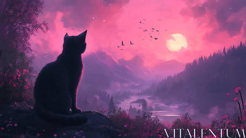 Moonlit valley cat dreaming under neon-pink twilight sky.