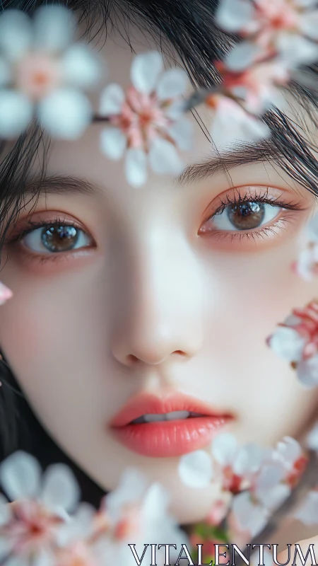 Hyperreal close-up portrait framed by soft-focus blossoms