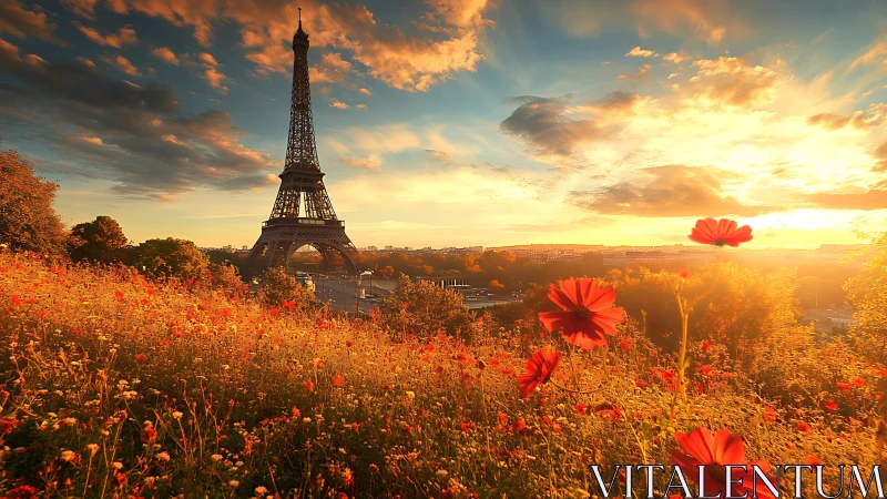 Golden Paris sunset bathes Eiffel Tower and wildflower hill.