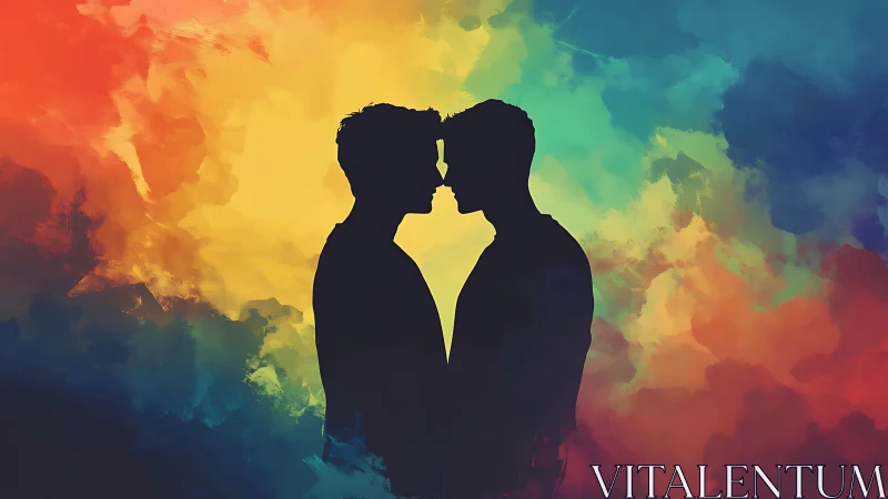 Two silhouettes kiss against vibrant rainbow gradient background.