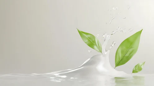 Green leaves emerging from clean liquid splash surface.
