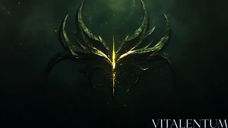 Symmetrical green emblem forms against dark diffuse background