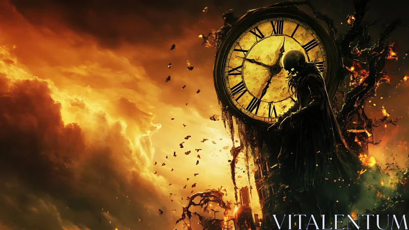 Hooded skeletal figure beside burning clock tower at dusk.