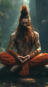 Digital yogi sage meditating beside forest river pool.