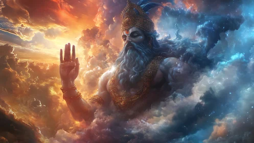 Divine celestial figure in luminous bifurcated nebular clouds.