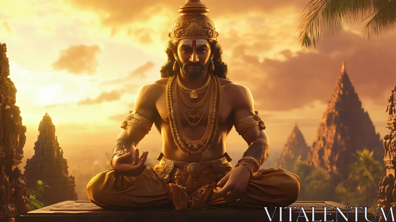 Seated figure in ornate attire meditates before temple spires