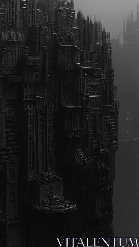 Dense monolithic futuristic city wall in heavy fog.