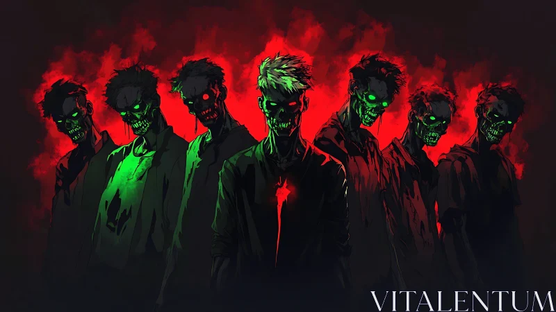 Row of glowing-eyed zombies in red and green light.