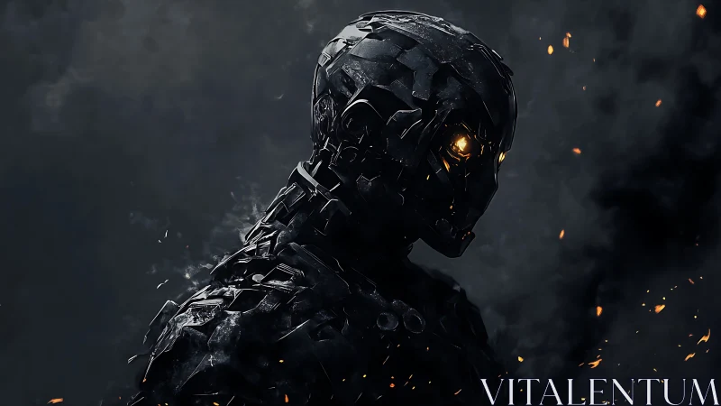 Charred cybernetic warrior turns in embers and shadowed smoke.