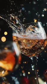 Beverage with dynamic liquid splash against dark background with bokeh