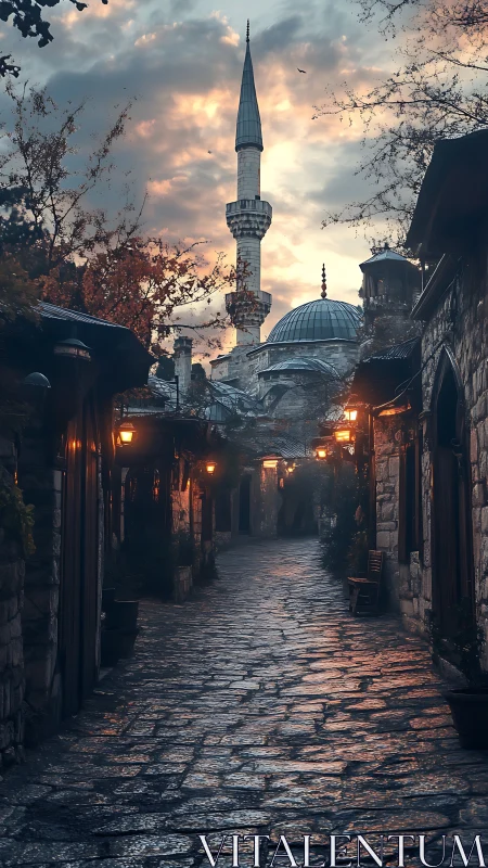 Photorealistic Ottoman alley with minaret at dusk perspective.