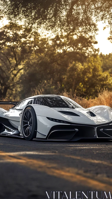 Low-slung hypercar renders high-gloss aerodynamics in sunset light
