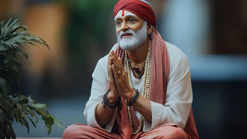 Elderly guru in prayer pose rendered with high-detail 3D shading