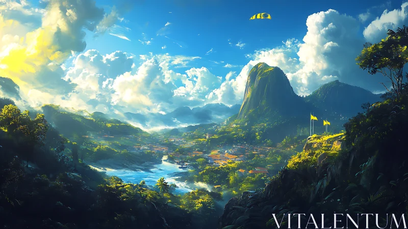 Sunlit valley city below towering tropical monoliths.