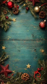 Rustic teal Christmas frame with ornaments and forest magic.