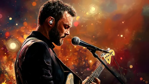 Digital painting portrait of guitarist in luminous stage ambience.