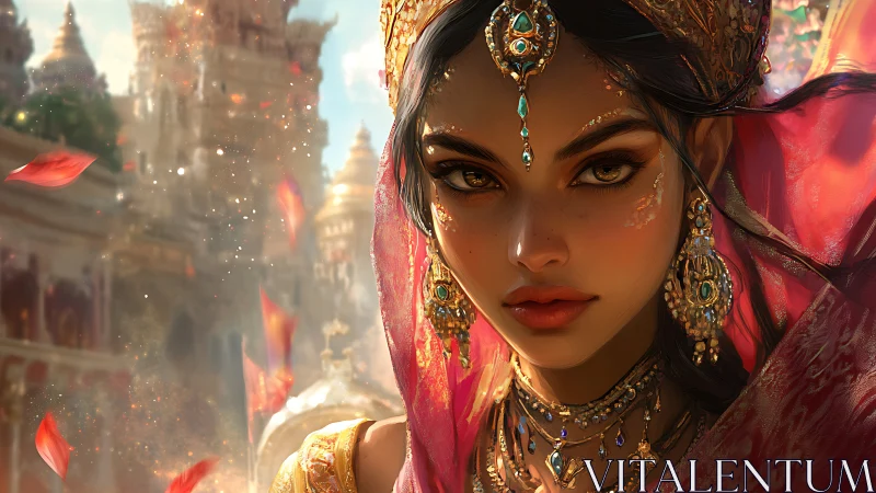 Regal woman in jeweled attire before ornate palace scene.