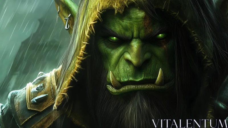 Orc warlord portrait with glowing eyes and rain-soaked hood.