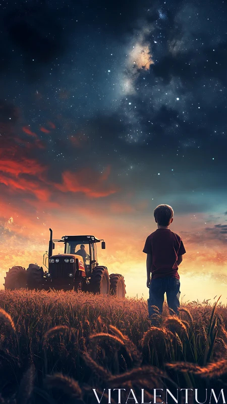 Boy watching tractor under glowing star filled night sky.