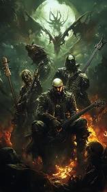 Demonic metal band under infernal moonlit dragon omen.