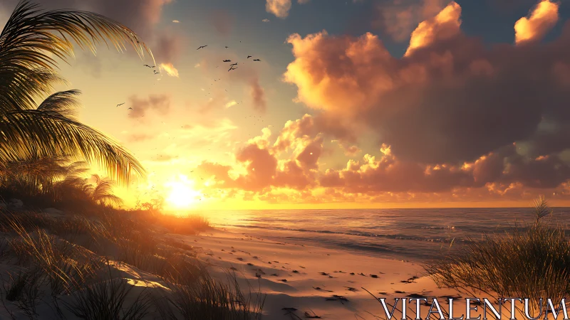 Golden hour tropical shoreline rendered in photoreal detail