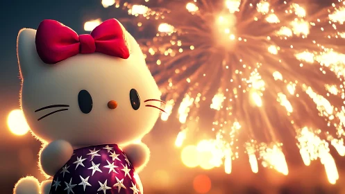 Cartoon cat character watches golden holiday fireworks display.