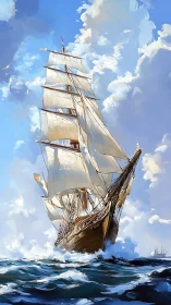 Tall ship cuts through sunlit waves under billowing sails