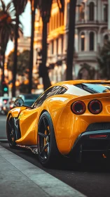 Yellow supercar idles on palm-lined city street at sunset