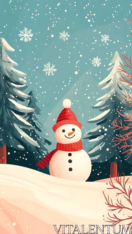 Cheerful snowman in stylized forest under falling snowflakes.
