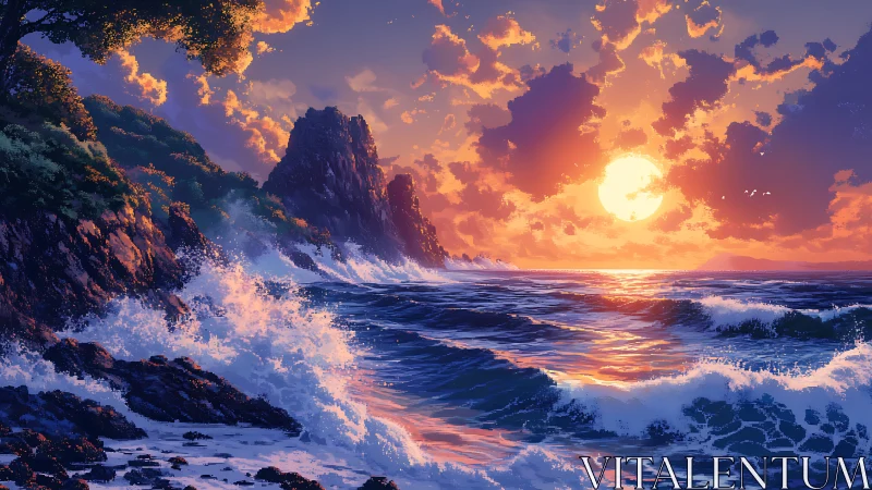 Vibrant digital seascape captures sunset-lit cliffs and surf