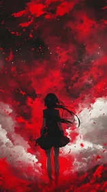 Silhouetted girl in red storm clouds under dark sky.