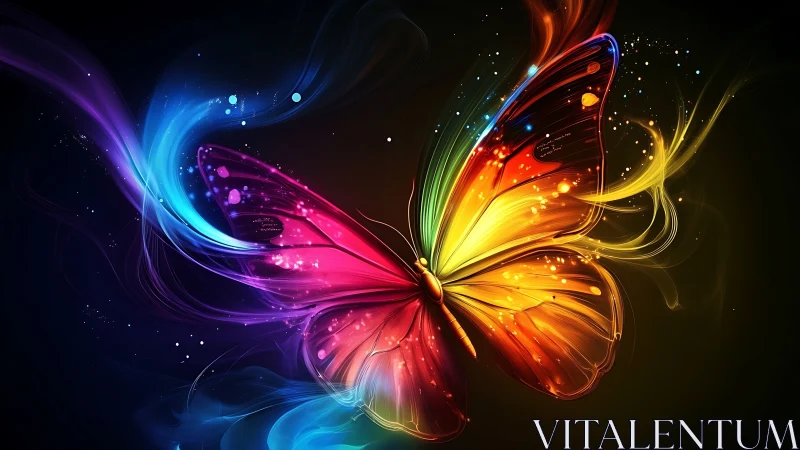 Multicolored digital butterfly with luminous abstract trails.